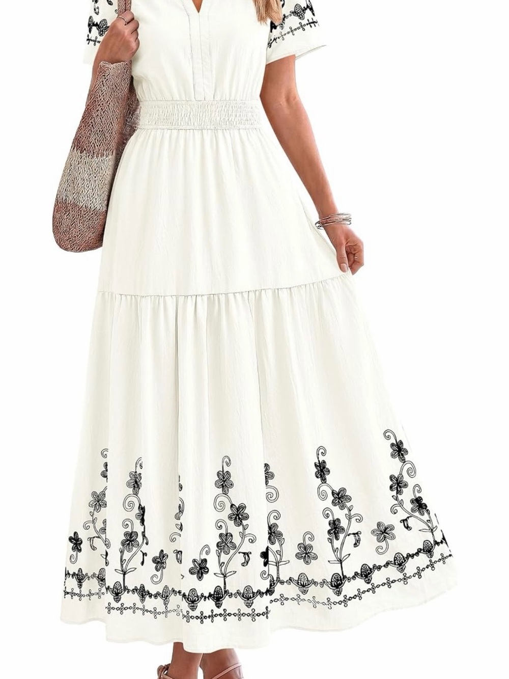 White Maxi Dress with Black Floral Embroidery